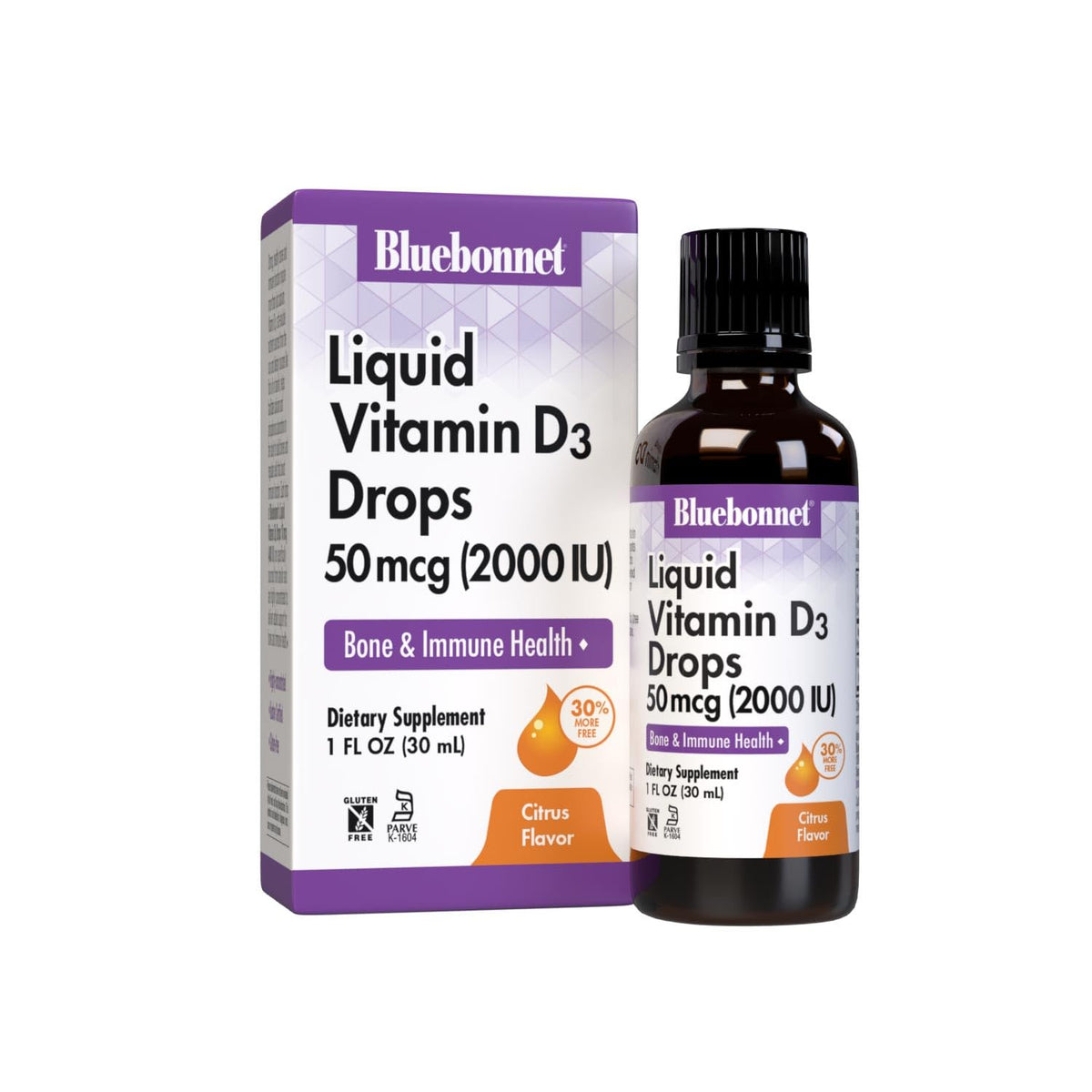 BlueBonnet liquid vitamin D3 drops in amber bottle for bone support