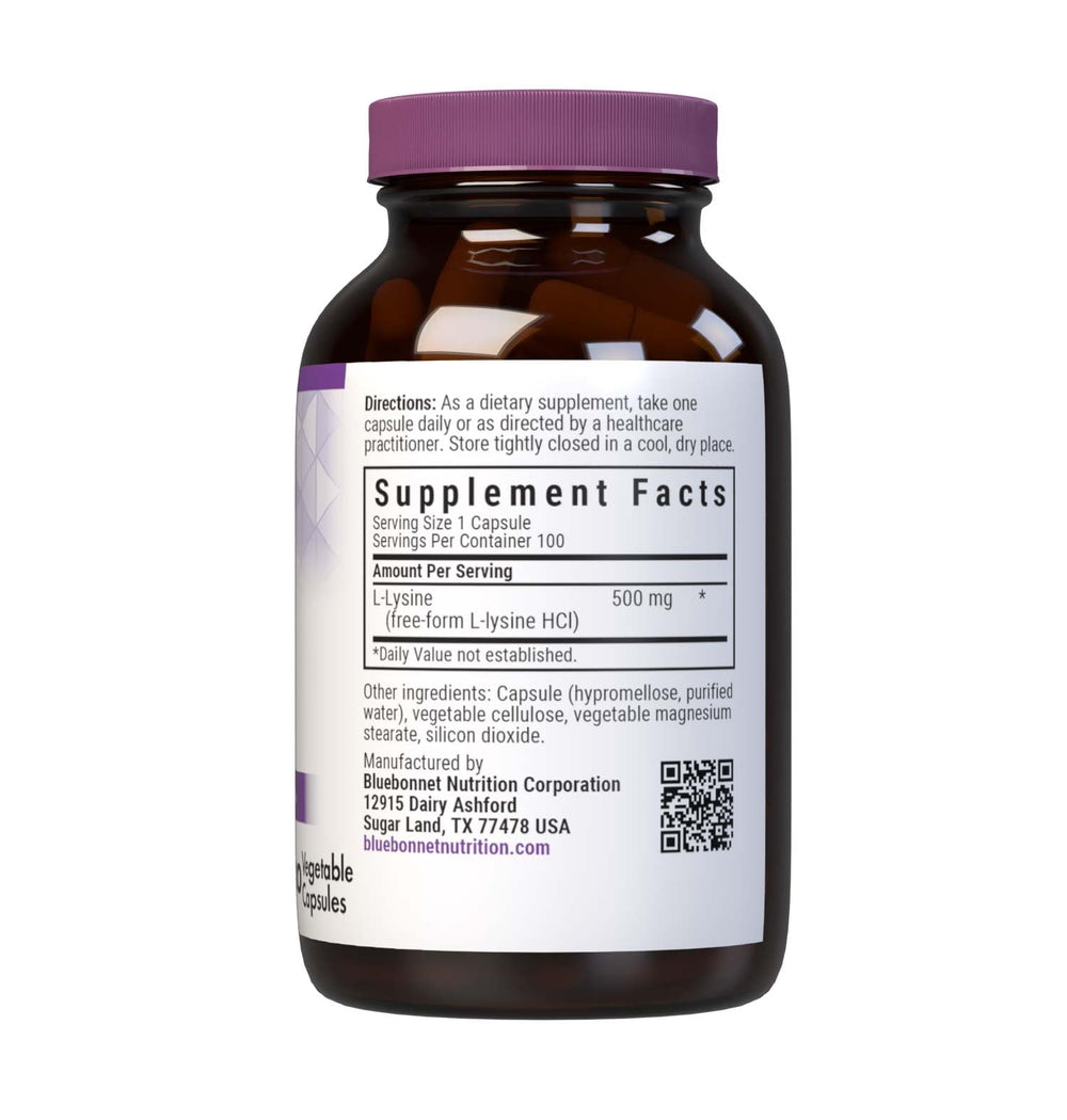 Bluebonnet L-Lysine 500mg capsules close-up for daily immune support