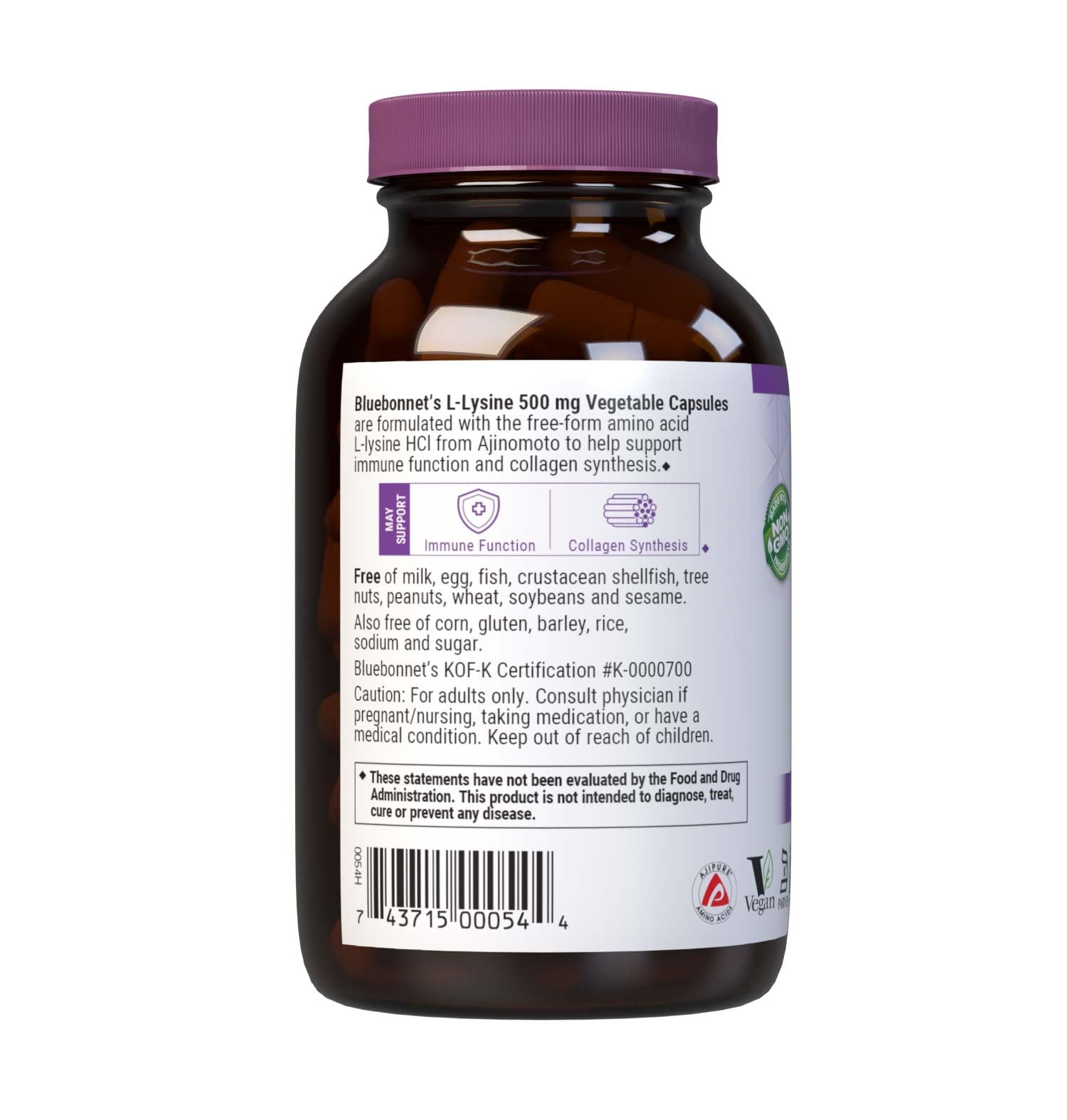 Bluebonnet L-Lysine 500mg label highlights gluten-free and kosher certification