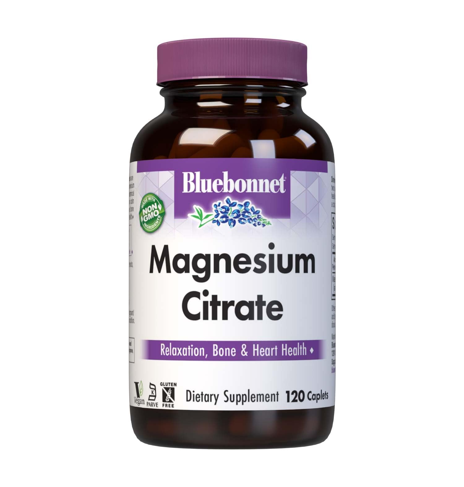 BlueBonnet Magnesium Citrate 400 mg caplets bottle front supports energy production.