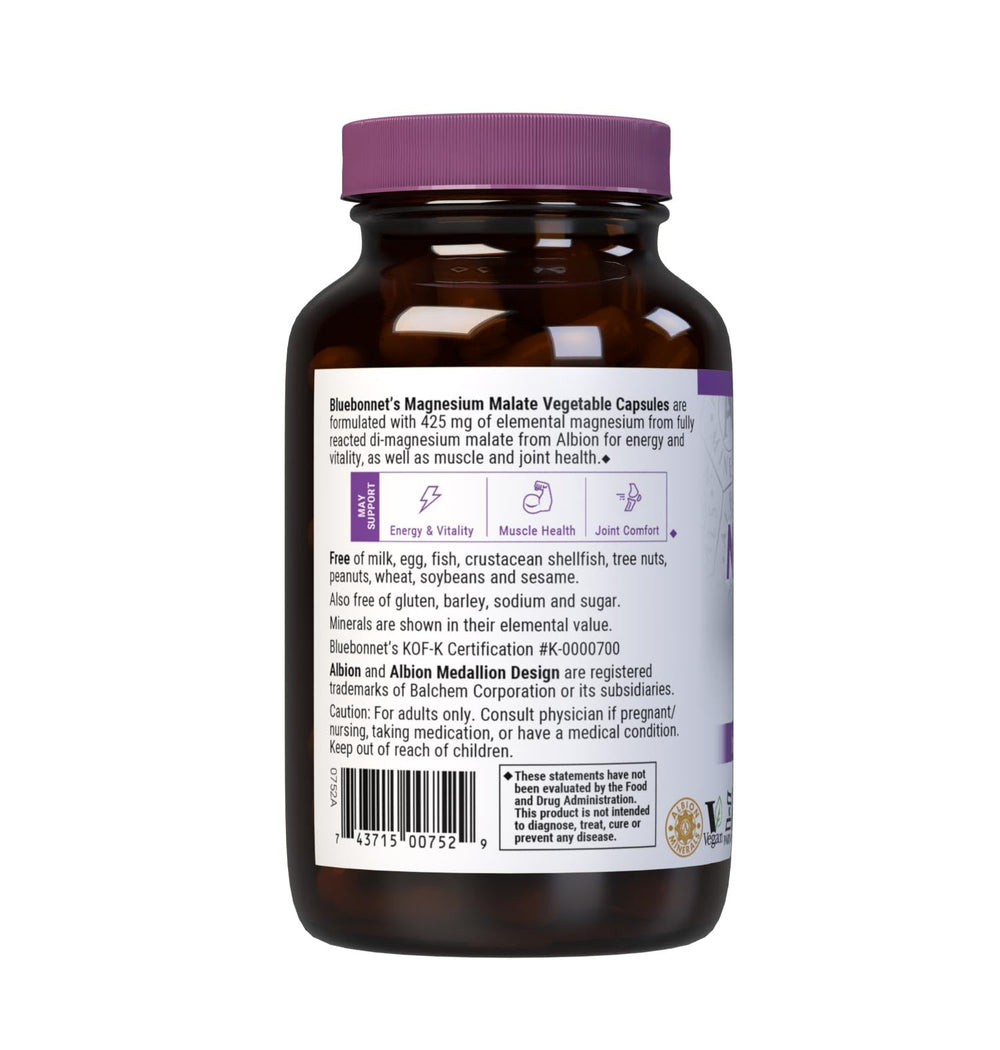 Bluebonnet Magnesium Malate bottle displayed on a shelf for daily routine use.