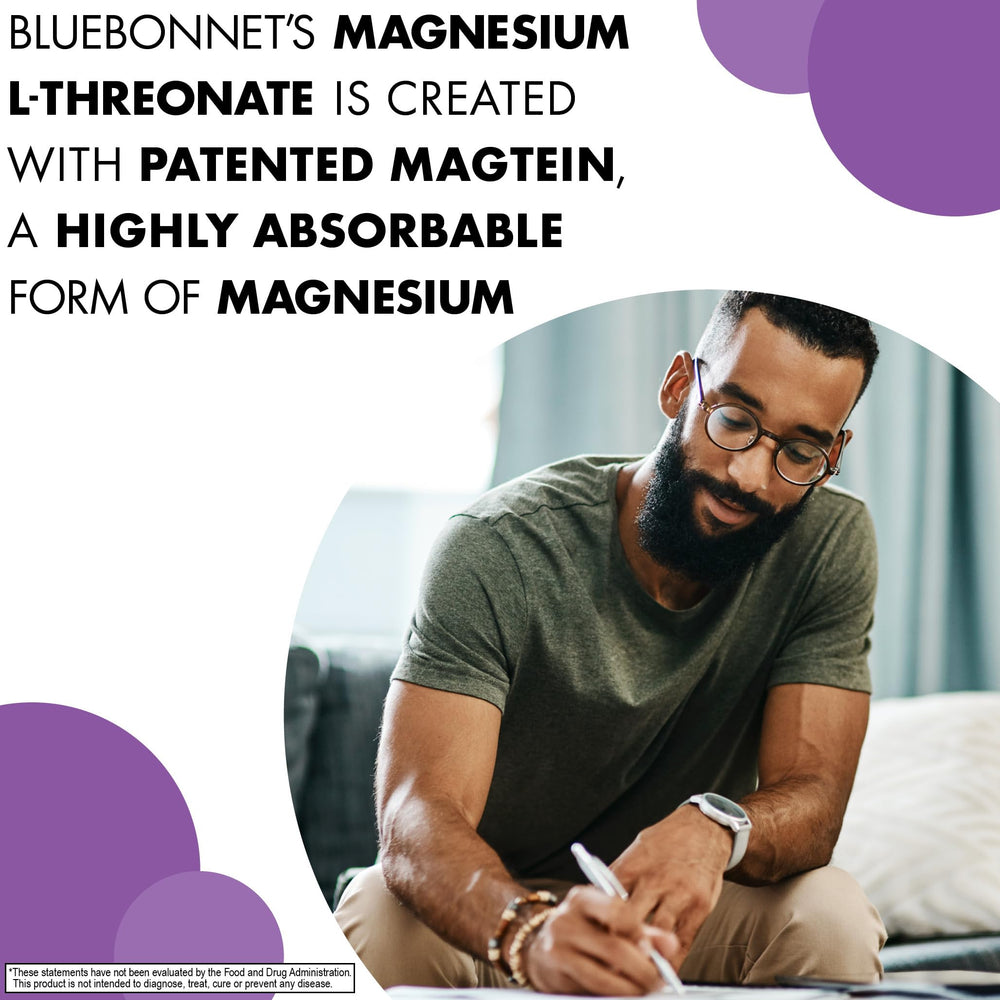 BlueBonnet Magtein label detail with 144 mg magnesium per serving.