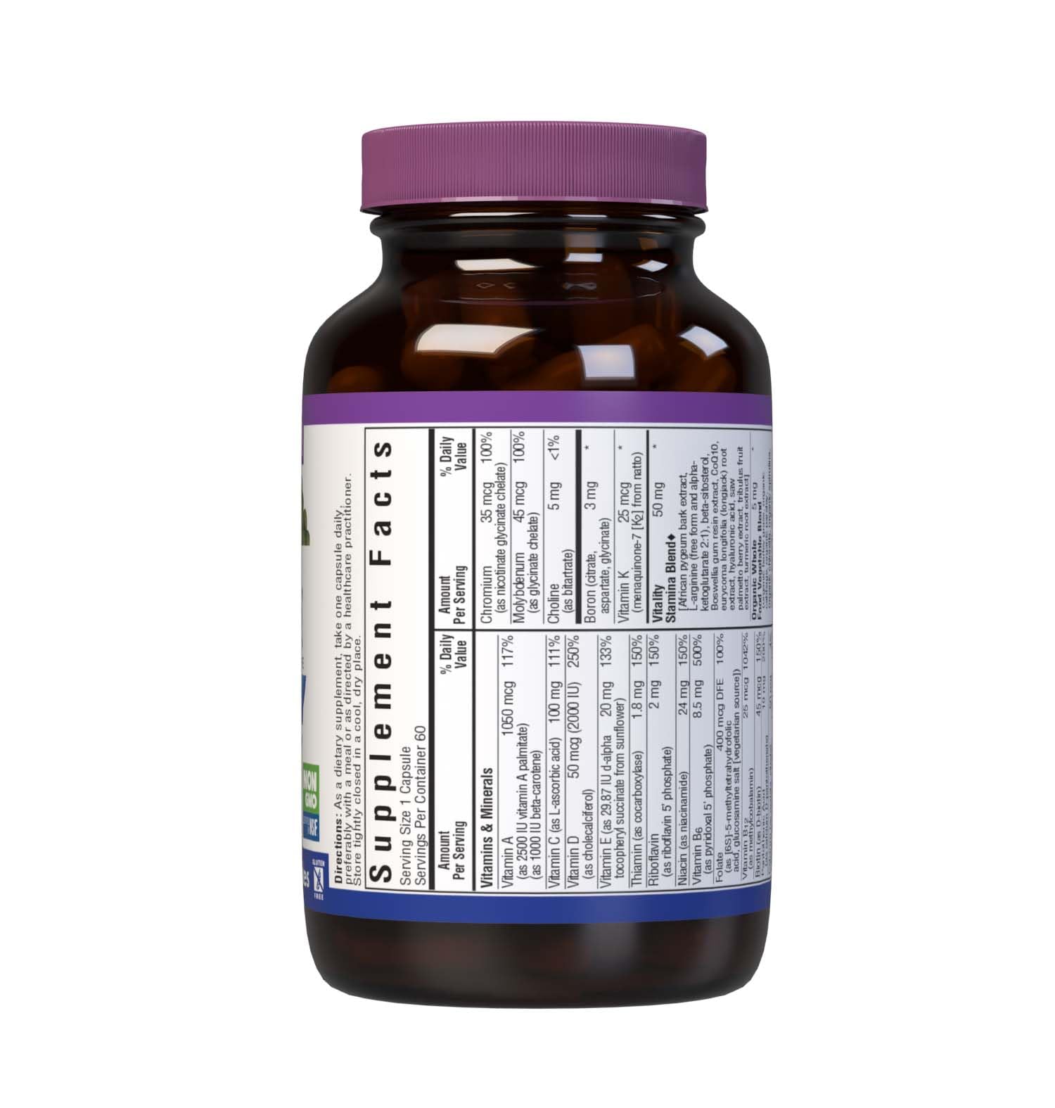 BlueBonnet Men's ONE 40+ bottle-back with ingredient highlights and allergen safety.
