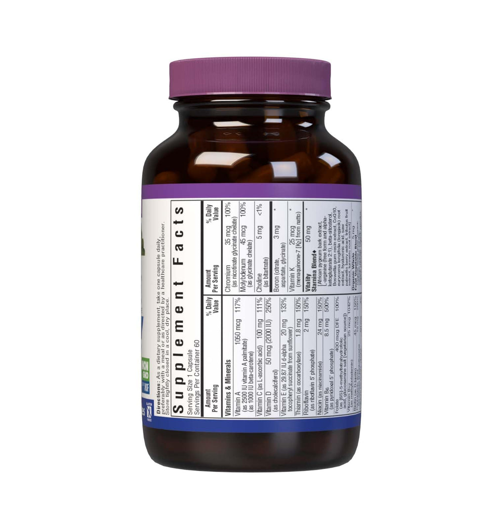 BlueBonnet Men's ONE 40+ bottle-back with ingredient highlights and allergen safety.