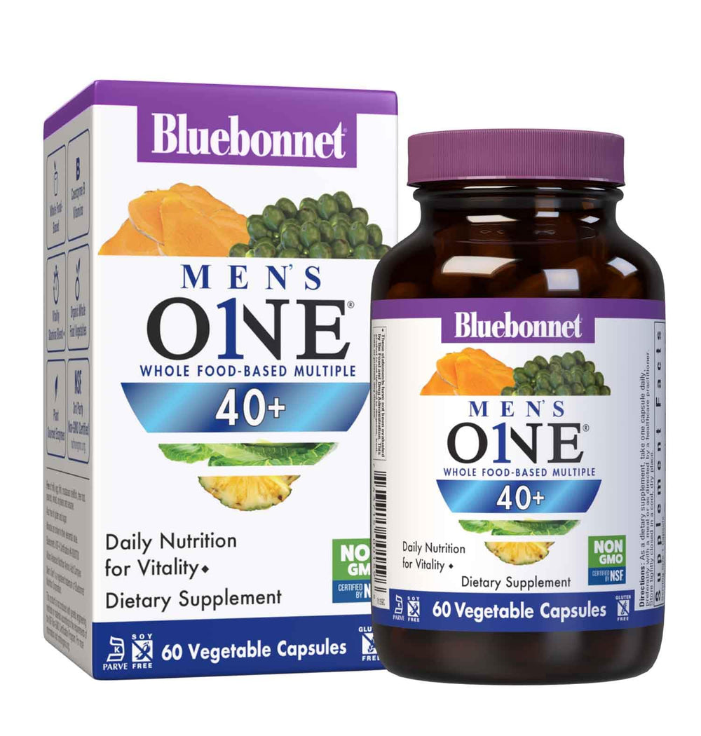 BlueBonnet Men's ONE 40+ bottle-front displaying label for daily nutrient support.
