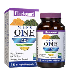 BlueBonnet Men's ONE 40+ bottle-front displaying label for daily nutrient support.