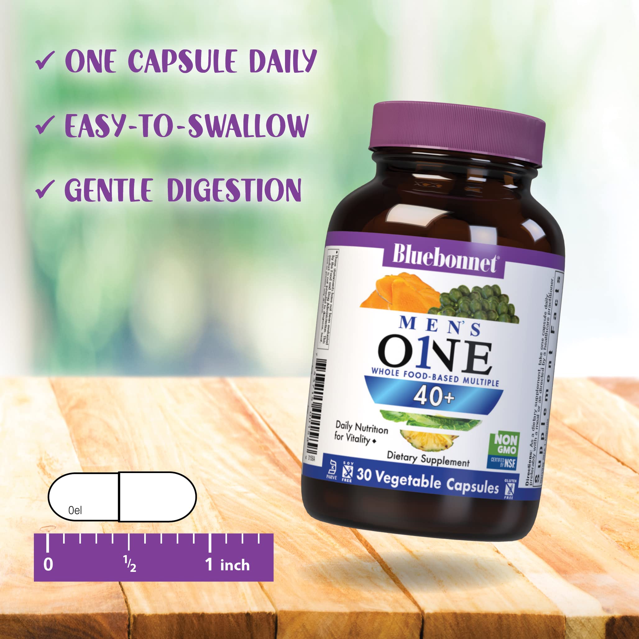 BlueBonnet Men's ONE 40+ illustration of digestive enzymes and gut support.
