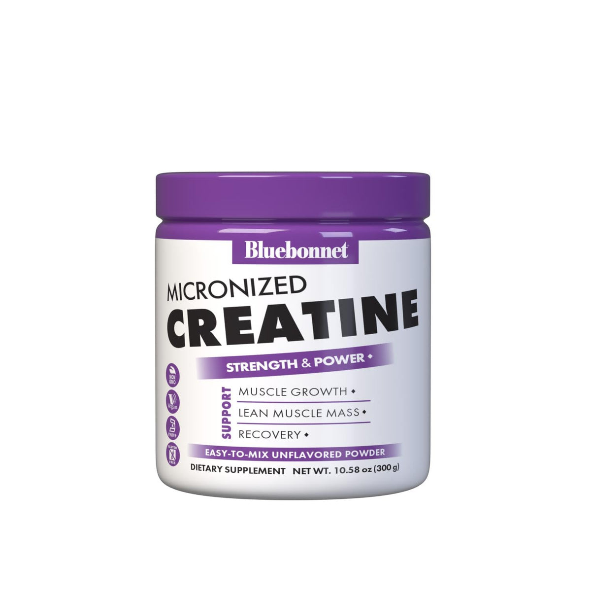 BlueBonnet Micronized Creatine Monohydrate bottle close-up for focused workouts.
