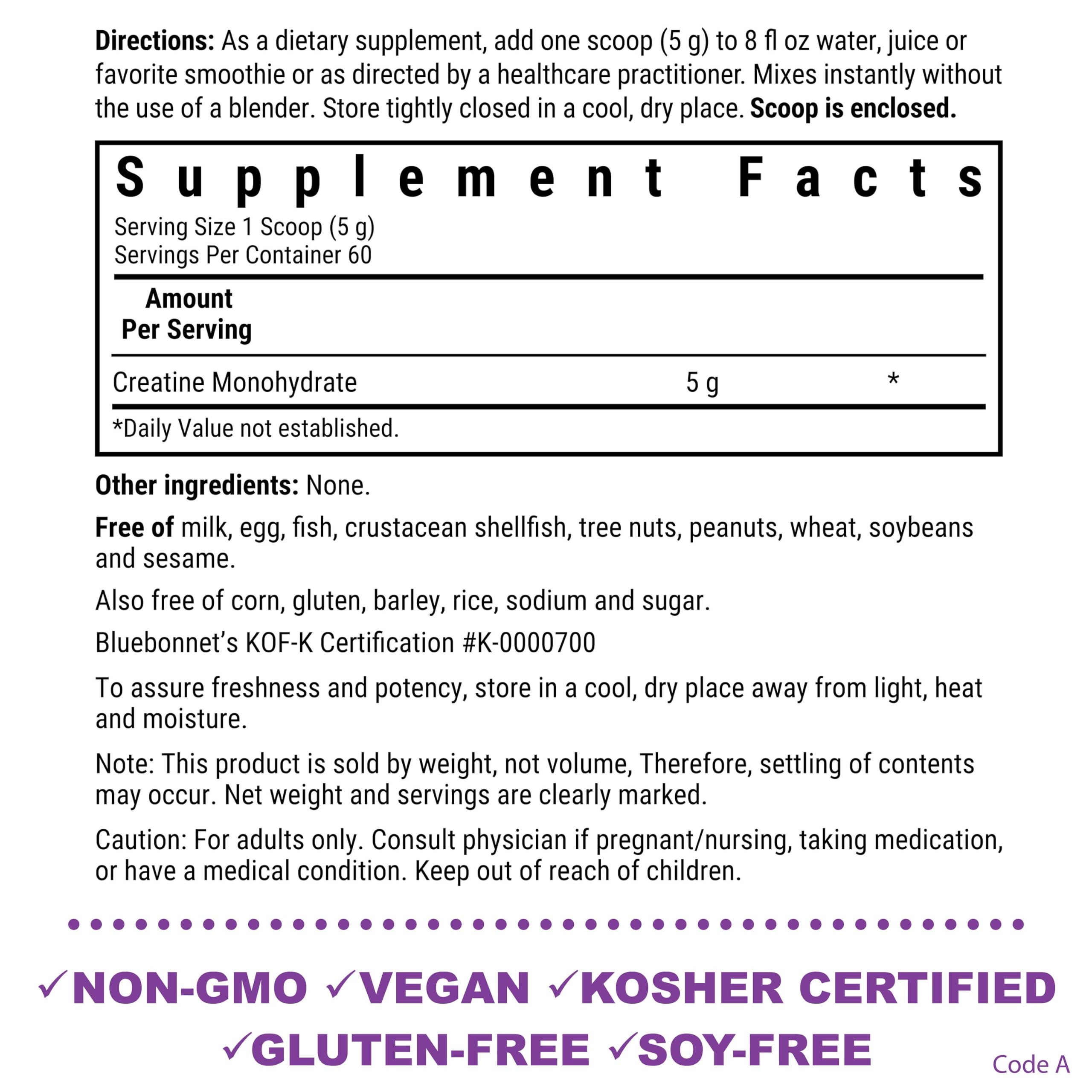 BlueBonnet Micronized Creatine Monohydrate scoop shows 5 g serving.
