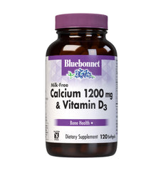 Bluebonnet Milk-Free Calcium bottle shows high-potency calcium with D3 for bone support.