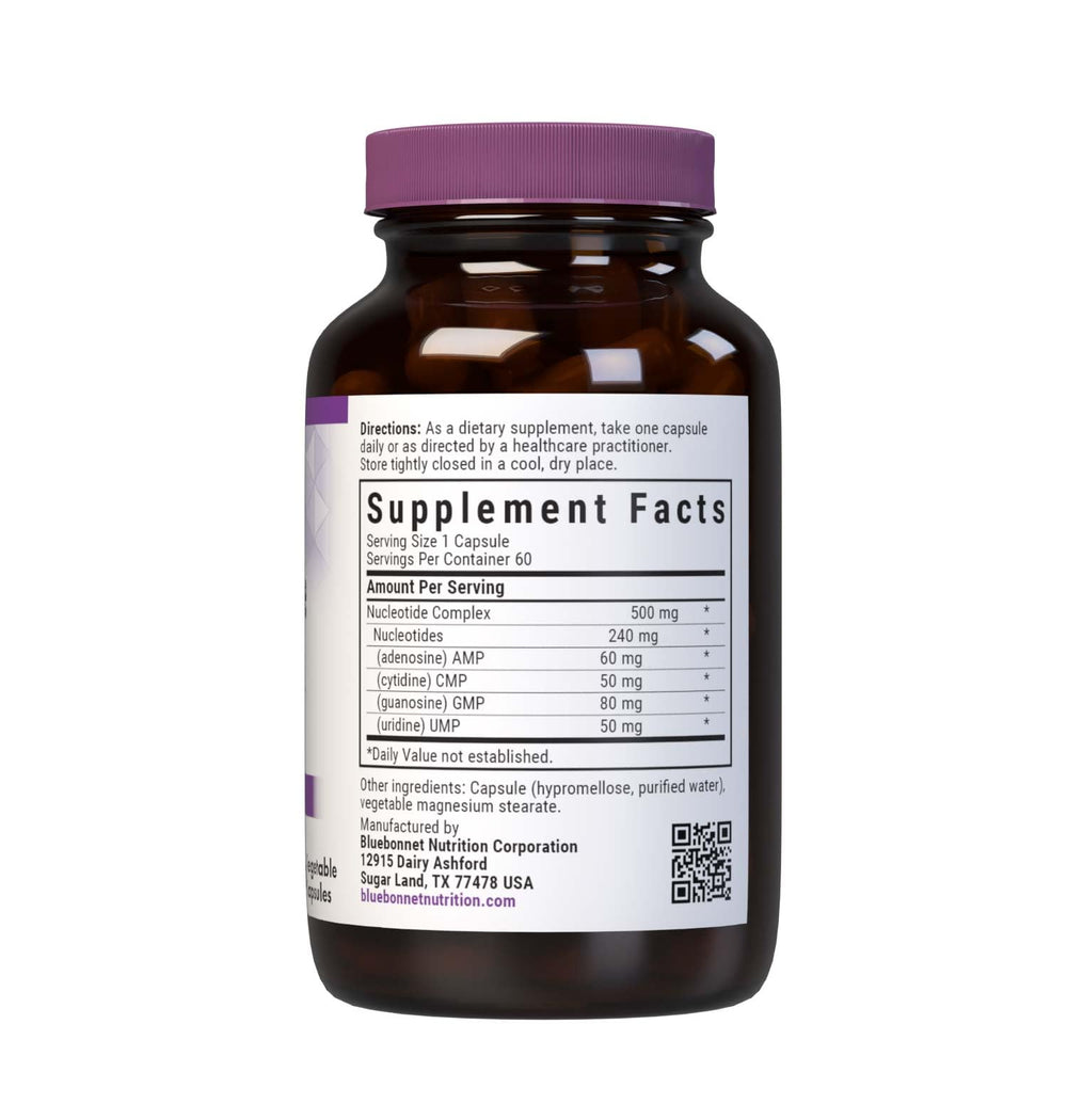 BlueBonnet Nucleotide Complex bottle back label with vegan and allergen-free certifications