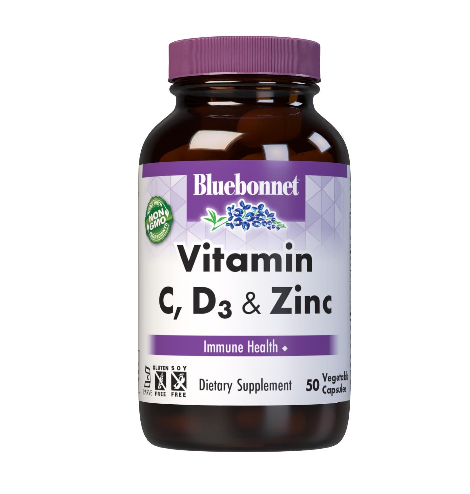 BlueBonnet Vitamin C, D3 & Zinc bottle front highlighting immune support potential.