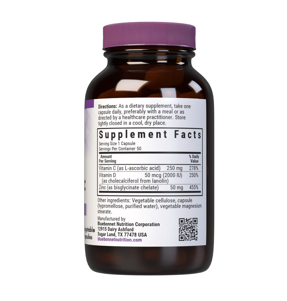 BlueBonnet capsules close-up emphasizing zinc bisglycinate for daily immune wellness.