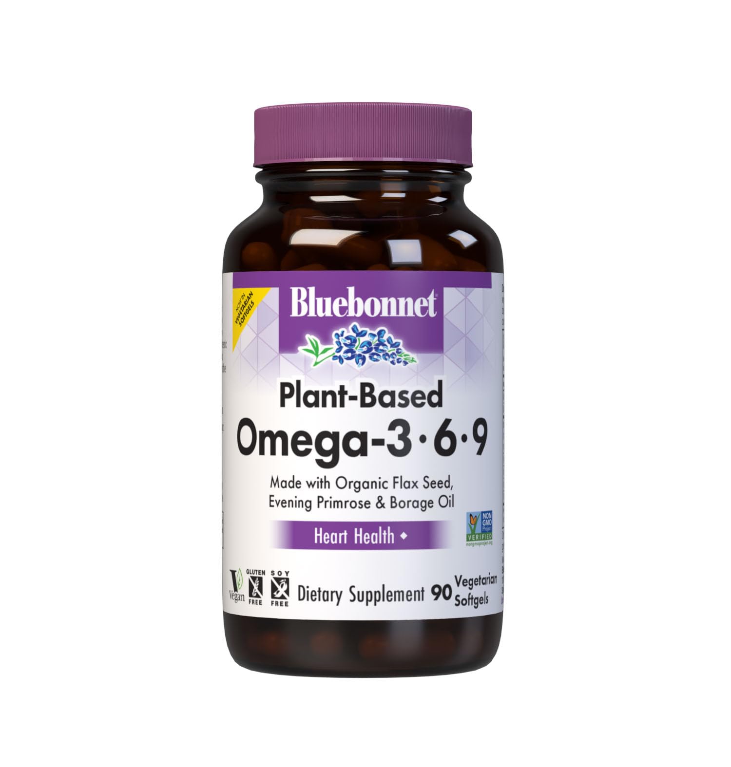 BlueBonnet Omega 3-6-9 softgels bottle on a shelf supports heart health.