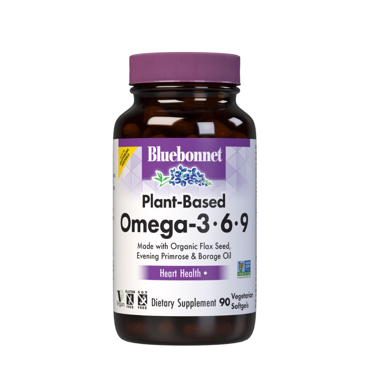 BlueBonnet Omega 3-6-9 softgels bottle on a shelf supports heart health.