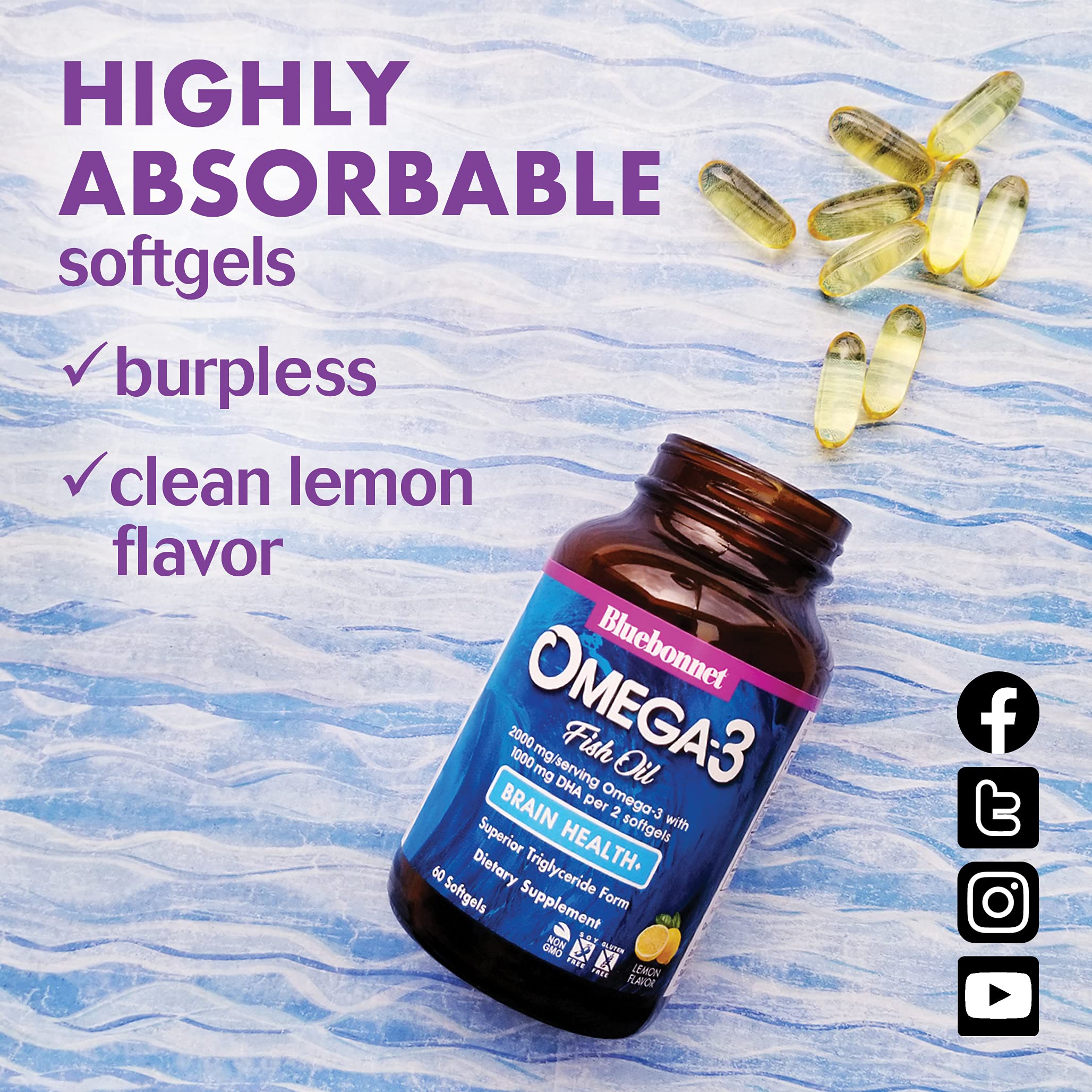 BlueBonnet Omega-3 Brain Formula softgels close-up showing high absorption