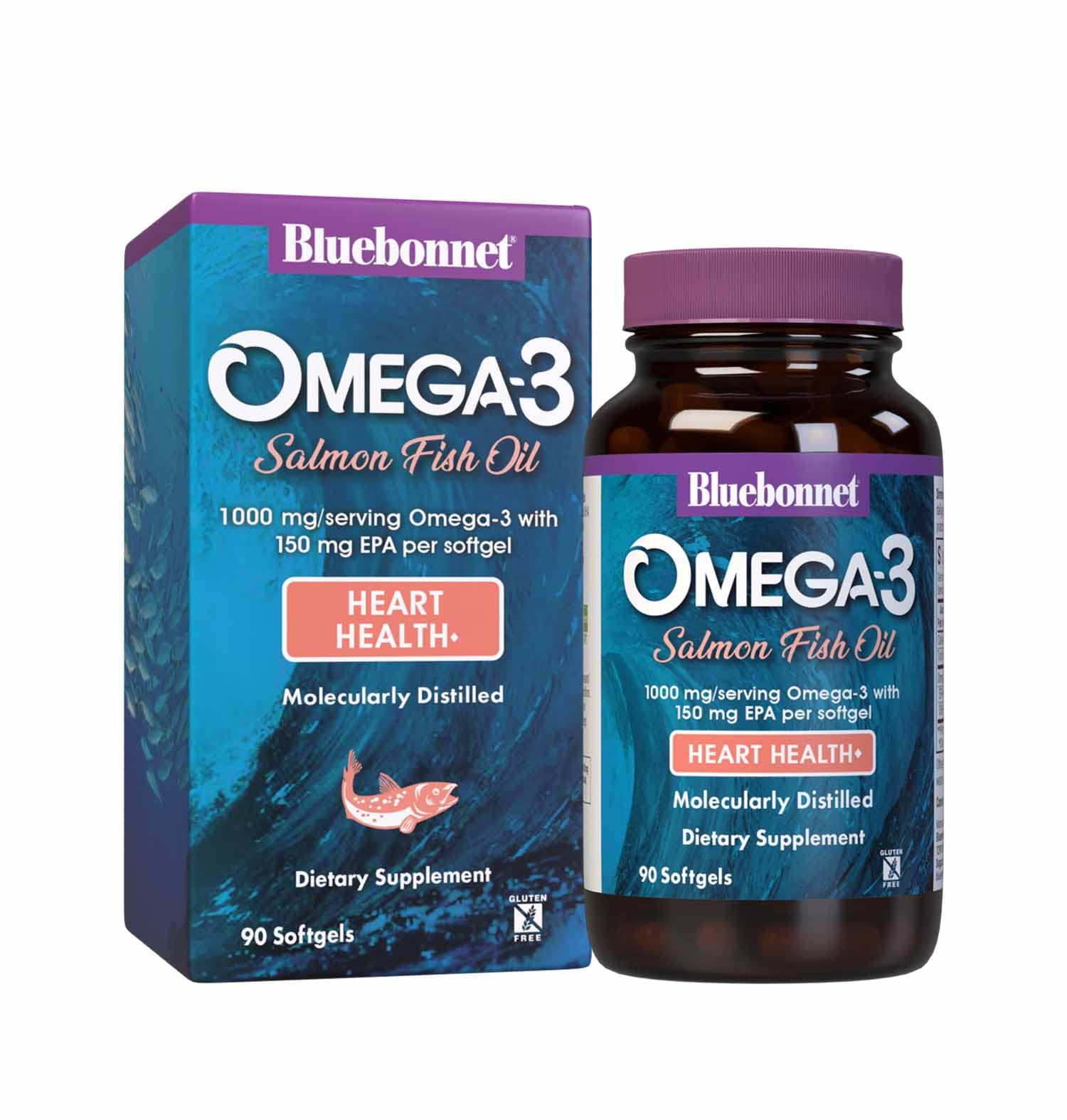 BlueBonnet Omega-3 Salmon Oil Softgels bottle highlighting 1000 mg per serving.
