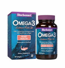 BlueBonnet Omega-3 Salmon Oil Softgels bottle highlighting 1000 mg per serving.