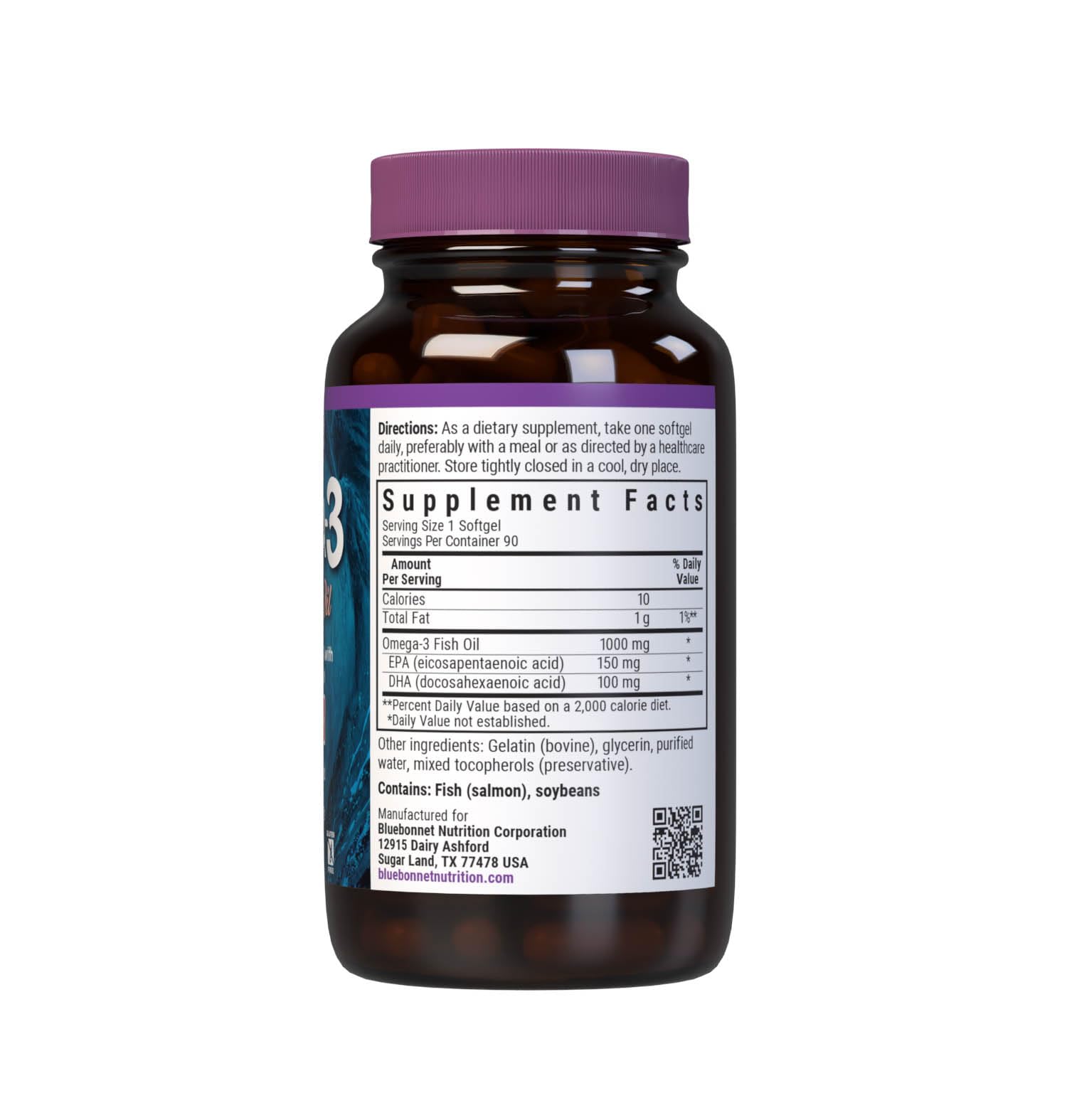 BlueBonnet Omega-3 Softgels pour emphasizing easy daily dosing.