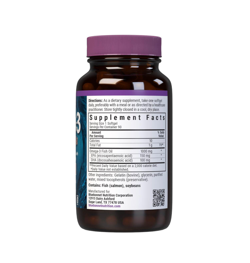 BlueBonnet Omega-3 Softgels pour emphasizing easy daily dosing.
