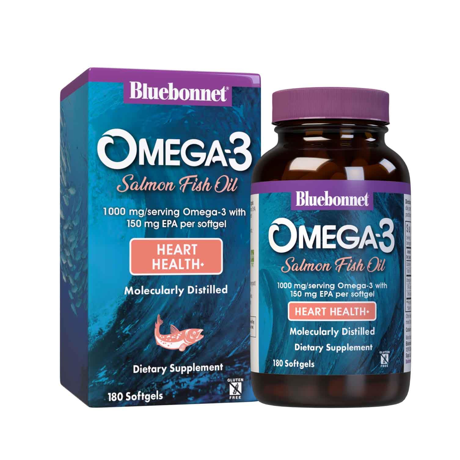 BlueBonnet Omega-3 Salmon Oil bottle close-up promoting heart health support