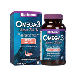 BlueBonnet Omega-3 Salmon Oil bottle close-up promoting heart health support