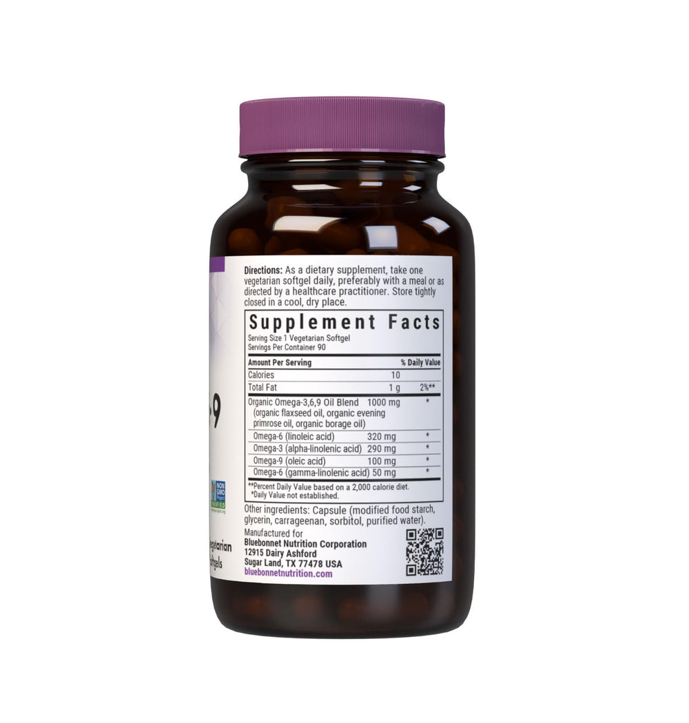 BlueBonnet plant-based omega-3-6-9 softgels closeup highlights vegan source.