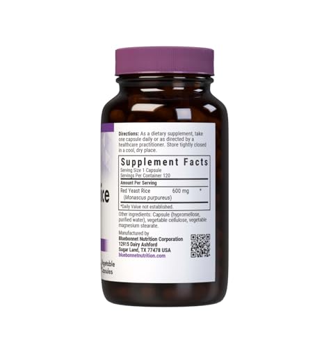 Bluebonnet Red Yeast Rice bottle, 120 servings, vegan and non-GMO supplement.