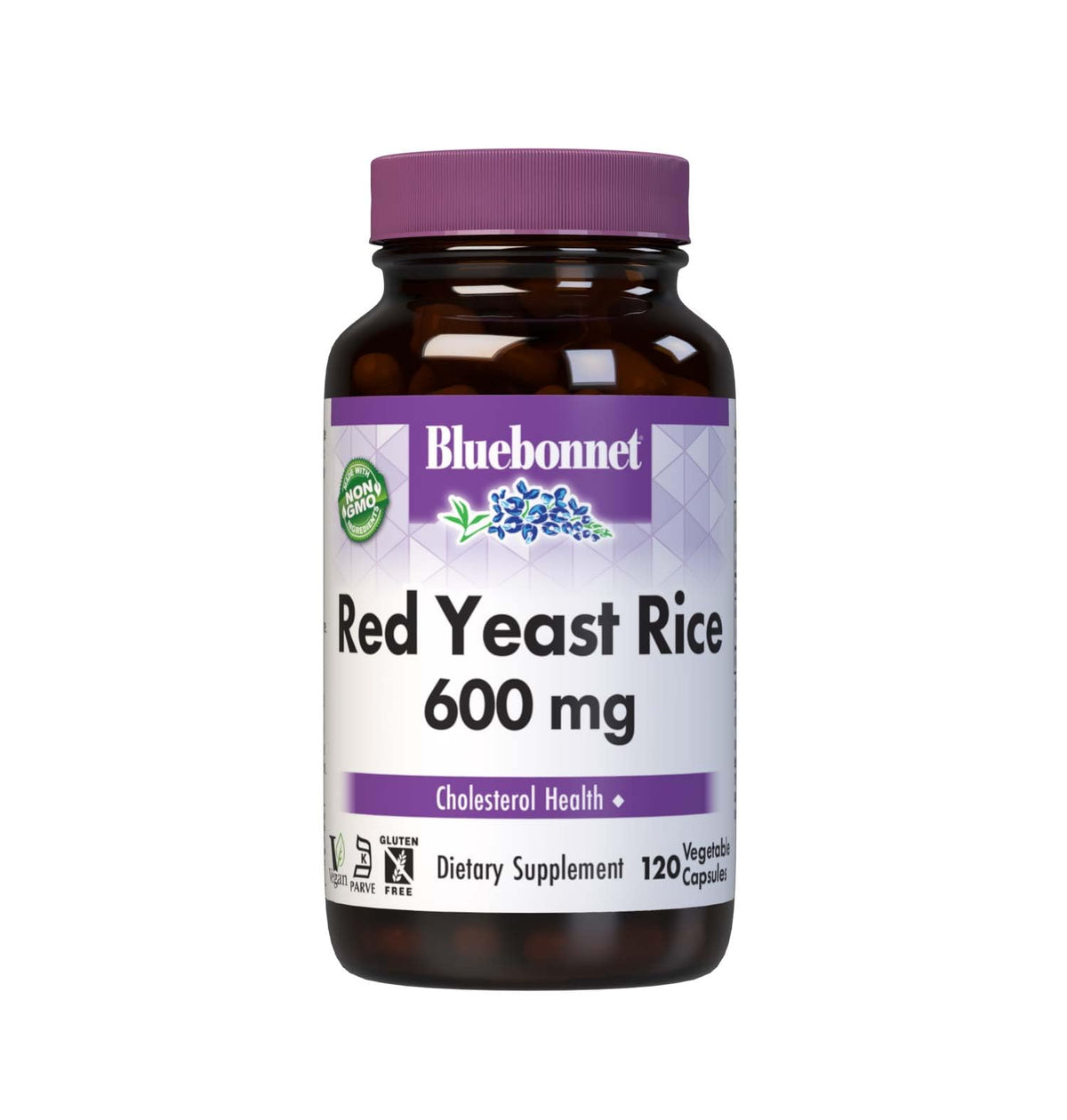 Bluebonnet Red Yeast Rice 600mg capsules, bottle with label, daily supplement for cholesterol balance.