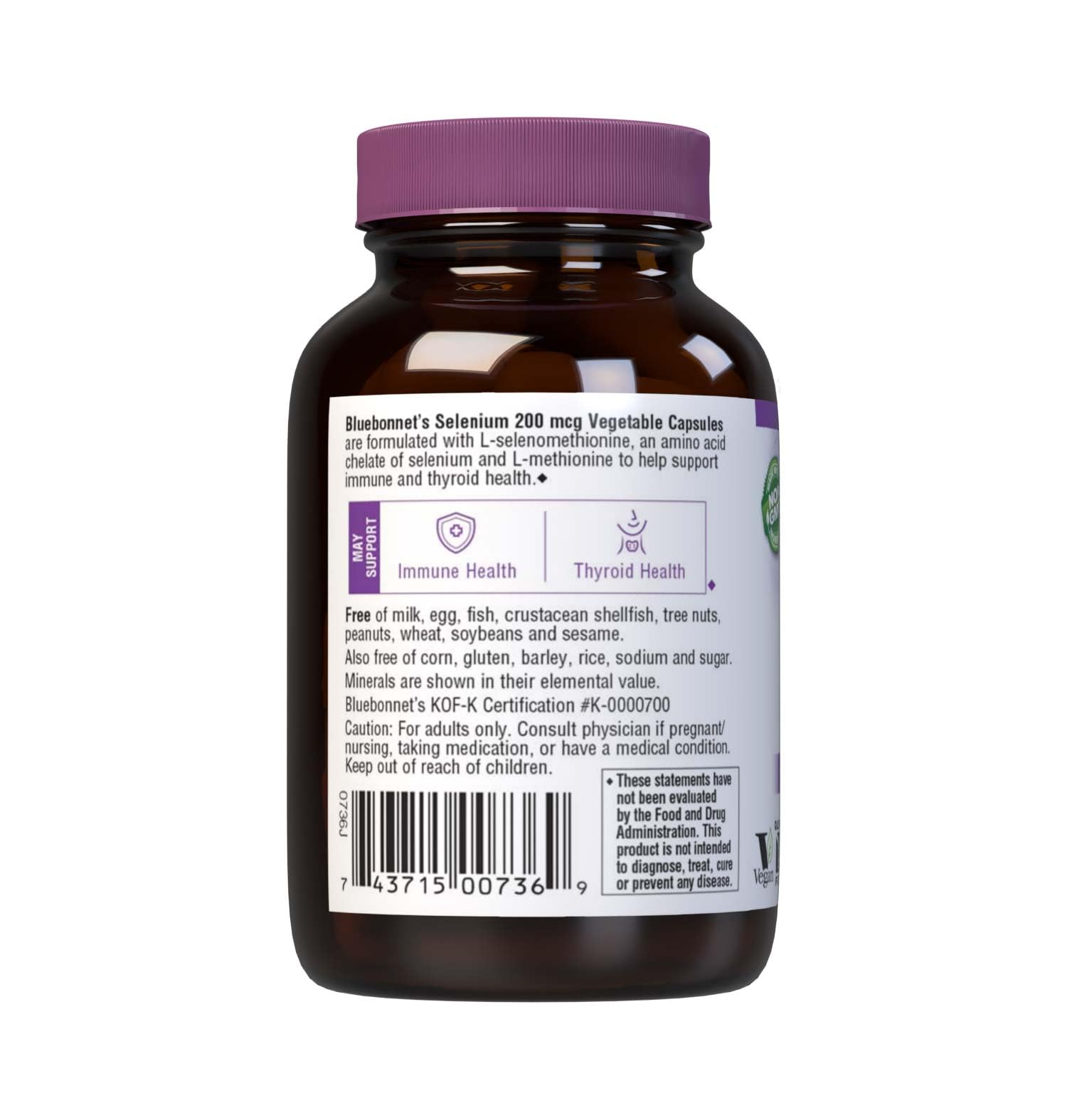 BlueBonnet Selenium 200mcg capsules amber glass bottle on countertop