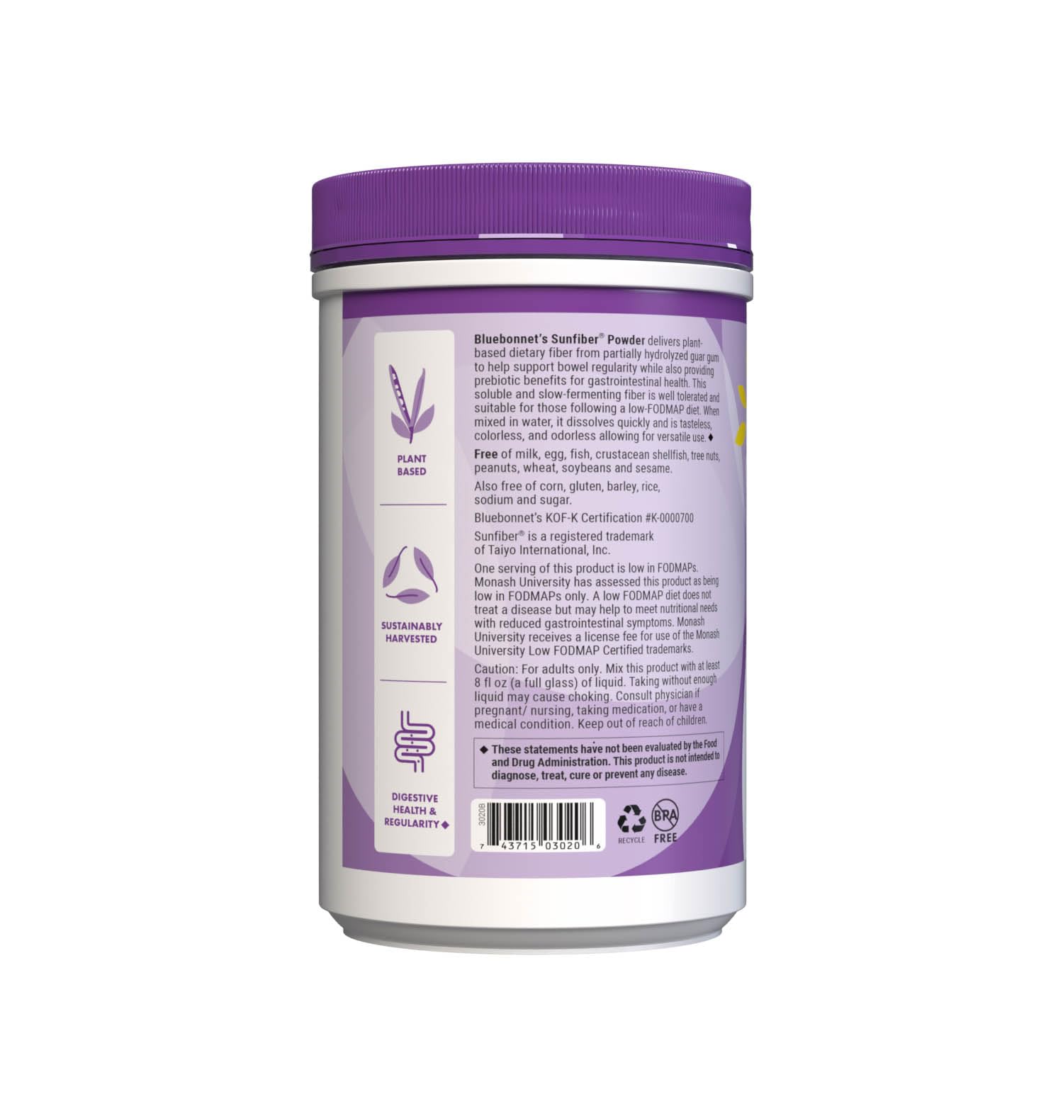 BlueBonnet Sunfiber bottle front label shows vegan and Low-FODMAP certified status