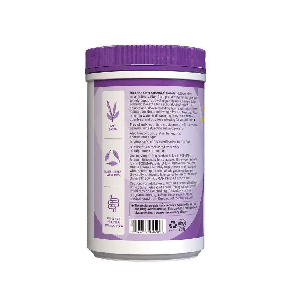 BlueBonnet Sunfiber bottle front label shows vegan and Low-FODMAP certified status