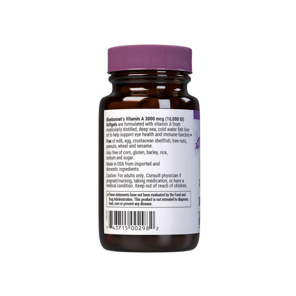 Bluebonnet Vitamin A molecularly distilled formula ensures purity and consistency.