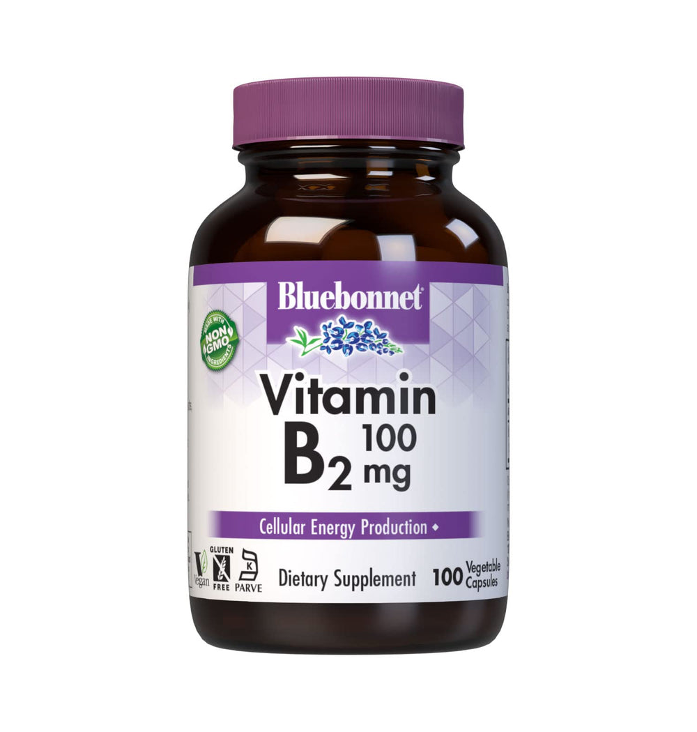 Bluebonnet Vitamin B2 100 mg bottle highlighting daily energy support
