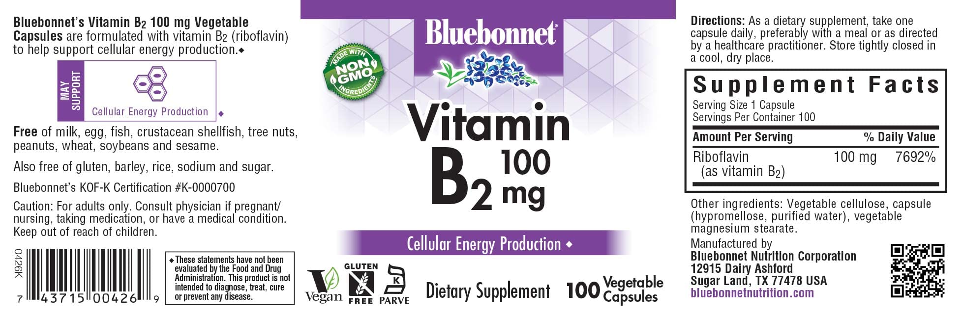 Bluebonnet Vitamin B2 capsules close-up showing easy-to-swallow vegan capsules