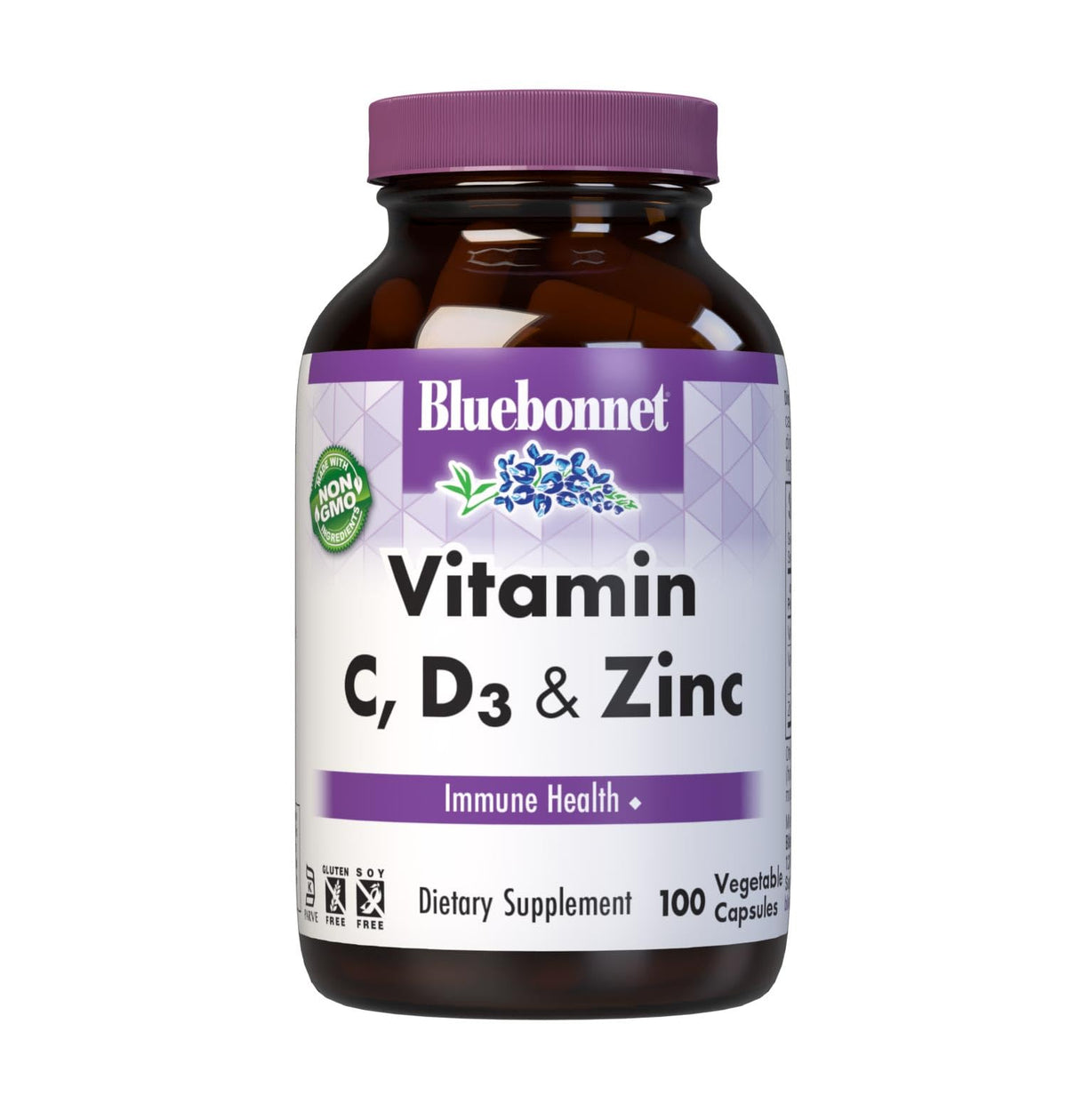 BlueBonnet Vitamin C, D3 & Zinc bottle front highlights daily immune support