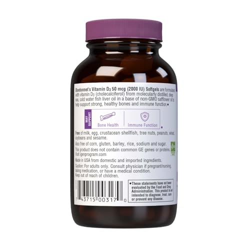 BlueBonnet Vitamin D3 2000 IU label highlights potency and source.