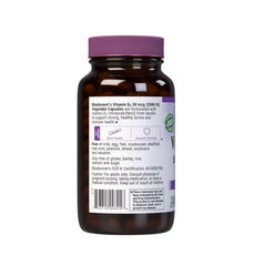 Bluebonnet Vitamin D3 2000 IU label detail emphasizing non-GMO, kosher, gluten-free credentials.