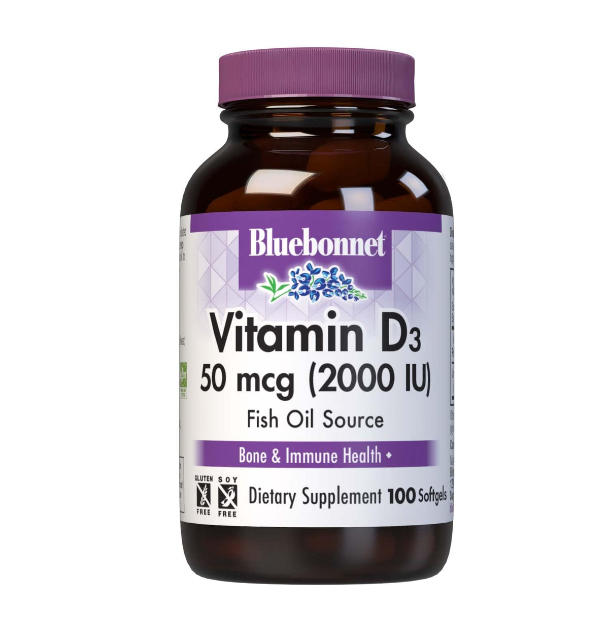 BlueBonnet Vitamin D3 2000 IU softgel bottle for bone health support.