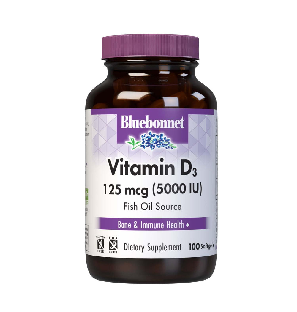 BlueBonnet Vitamin D3 softgels bottle showcases high potency for bone and immune support.