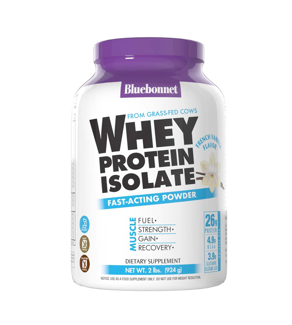 BlueBonnet Whey Protein Isolate bottle shows grass-fed source and quality protein