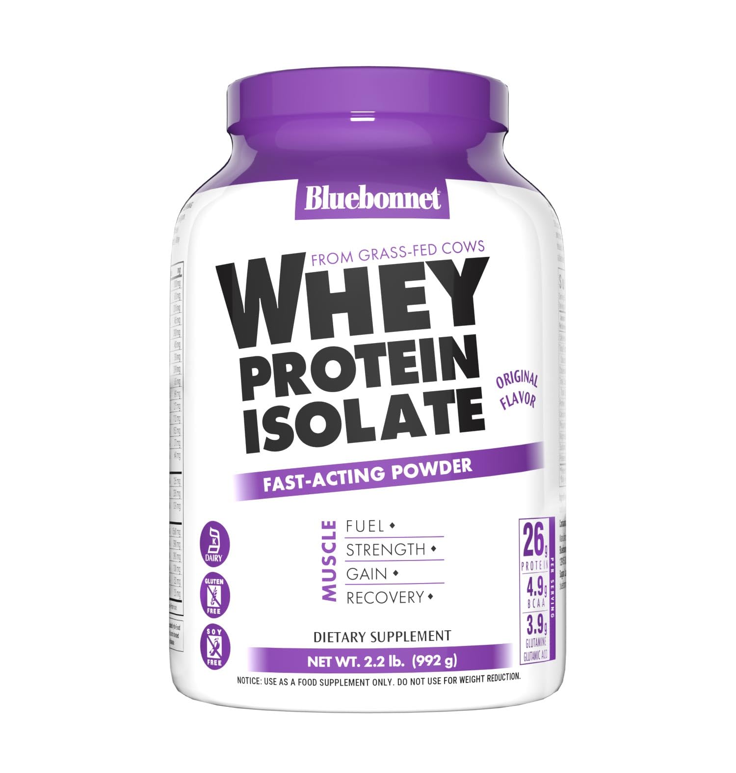 Bluebonnet Whey Protein Isolate front packaging shows grass fed origin and clean protein form