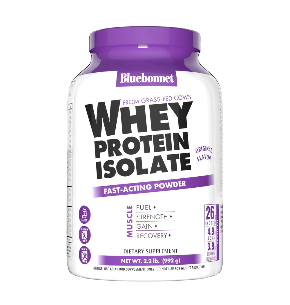 Bluebonnet Whey Protein Isolate front packaging shows grass fed origin and clean protein form