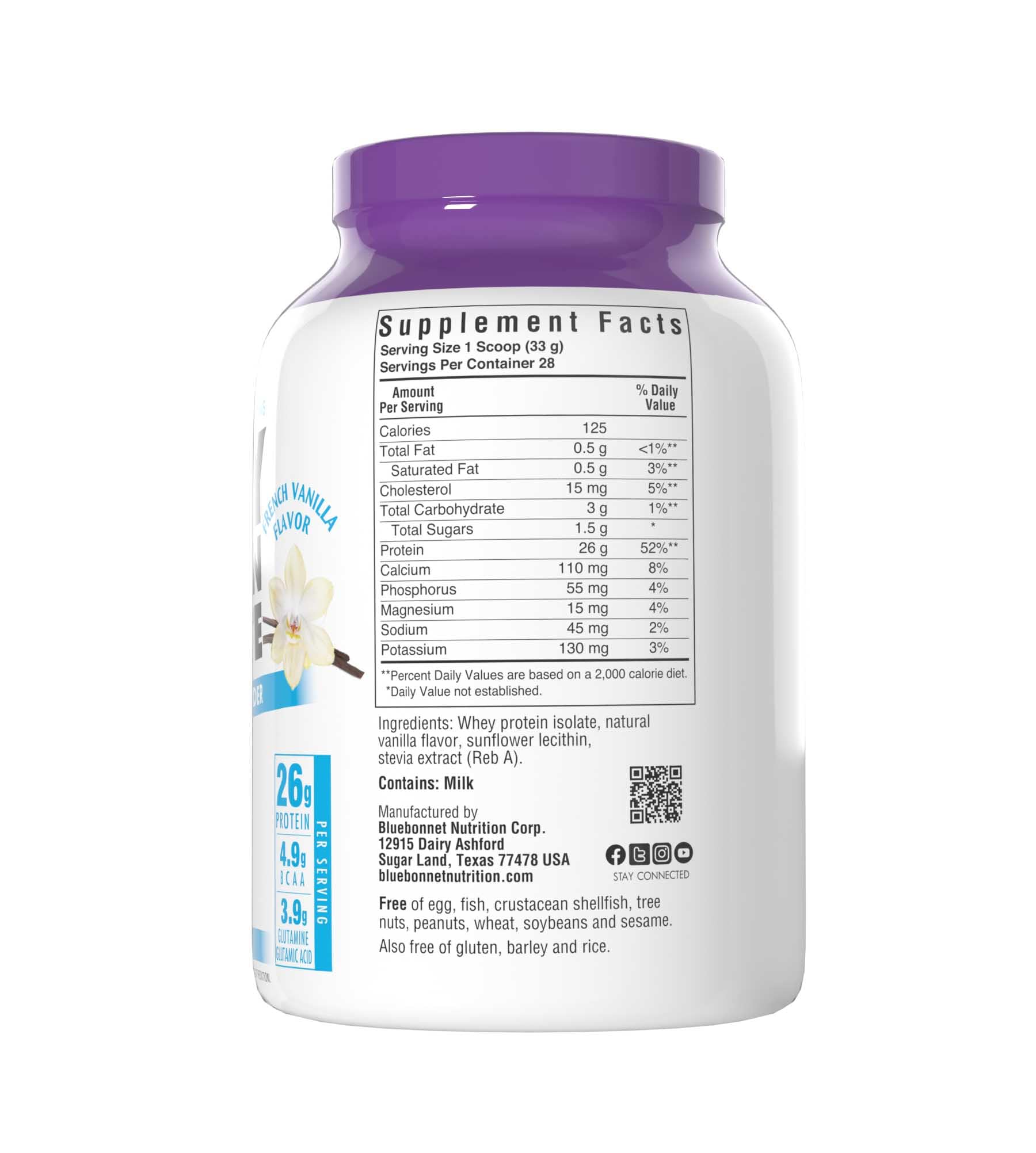 Nutrition panel of BlueBonnet Whey Protein Isolate tub