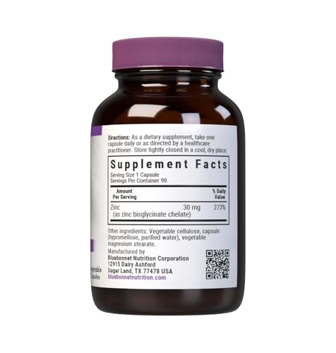 BlueBonnet zinc bisglycinate bottle showing 90 capsules for convenient daily servings.