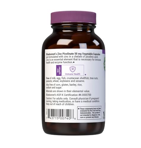 BlueBonnet Zinc Picolinate label front with non-GMO and kosher notes.