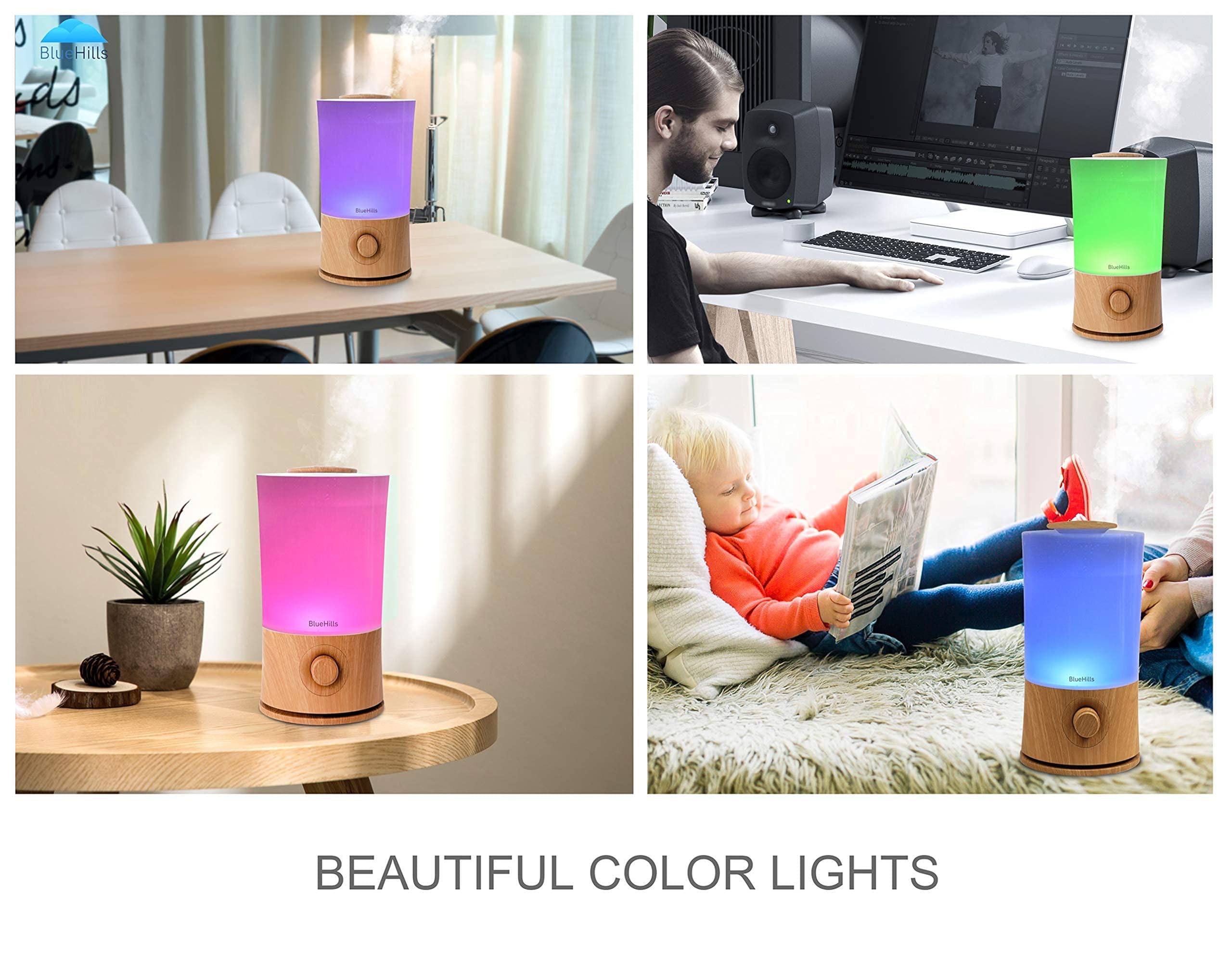 BlueHills diffuser with LED color options for mood lighting and ambience.