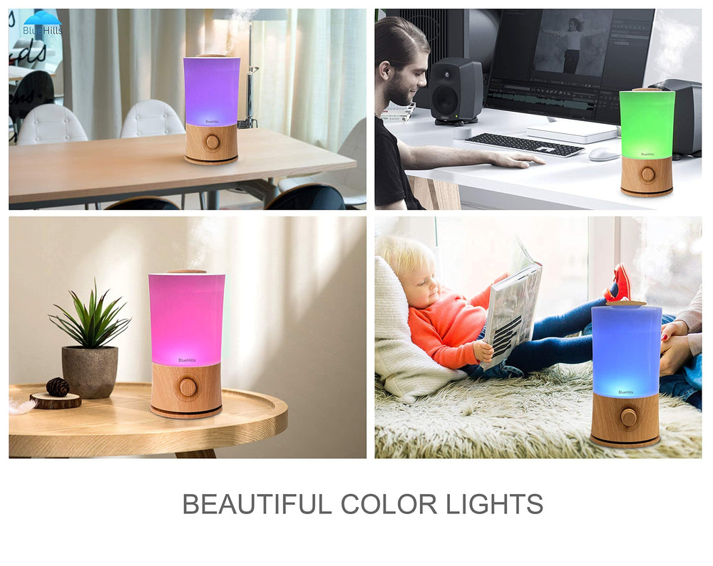 BlueHills diffuser with LED color options for mood lighting and ambience.