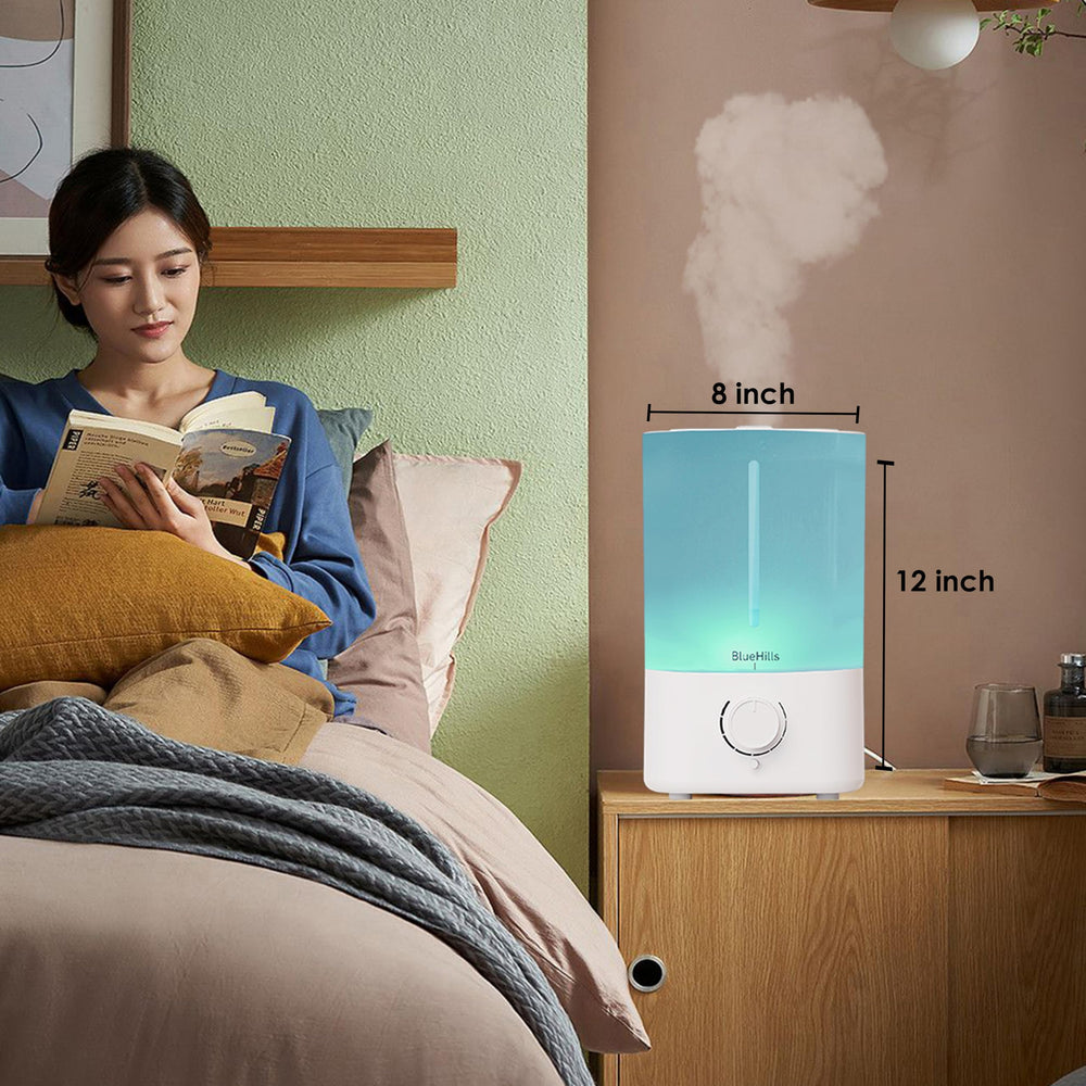 BlueHills top-fill ultrasonic diffuser at bedside for easy setup and refills.