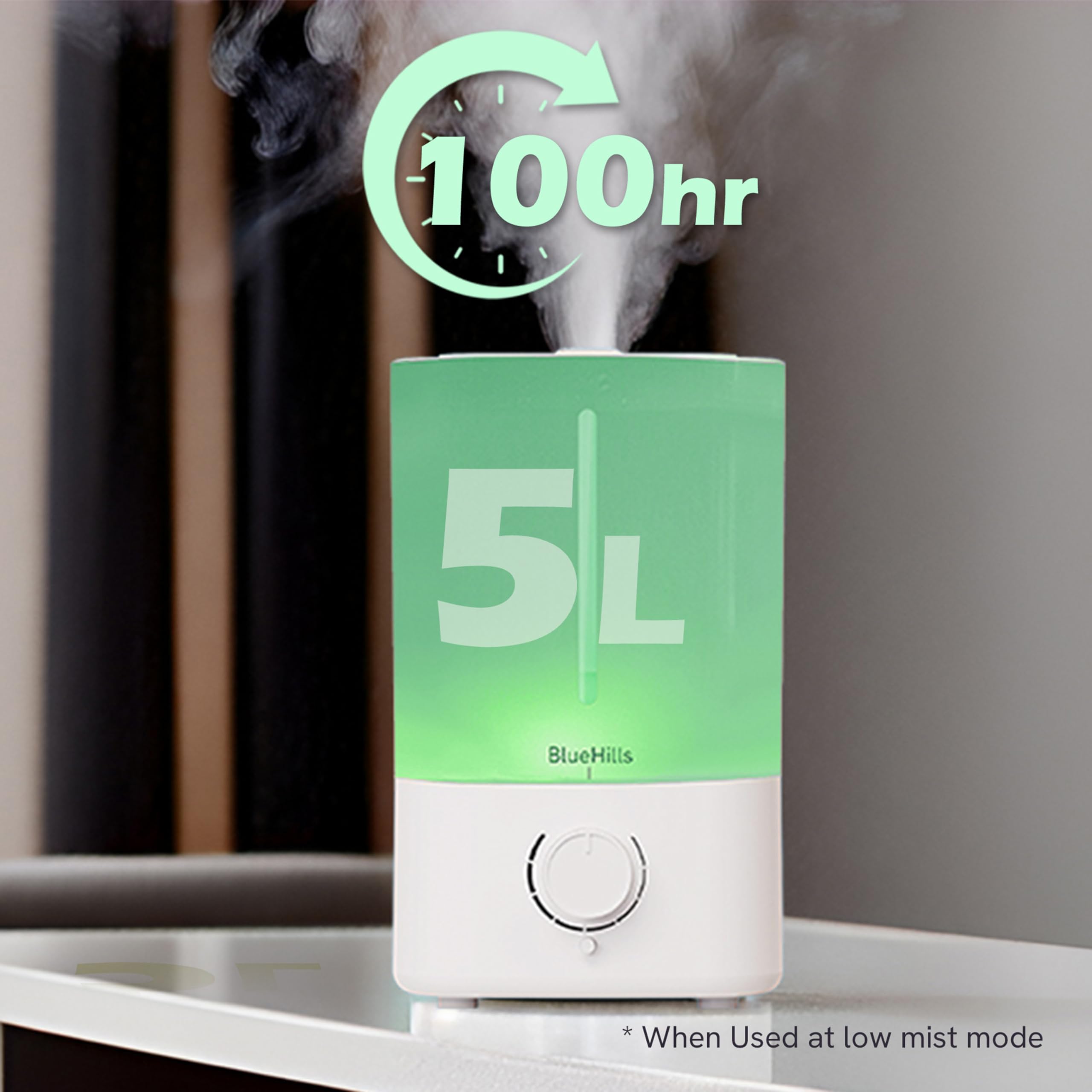 BlueHills large-room diffuser front view highlights big capacity and quiet operation.